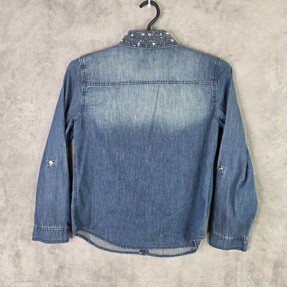 Womens Chicos Rhinestone Embellished Collar Denim Shirt Button Up Cotton Size 0 - Picture 4 of 8